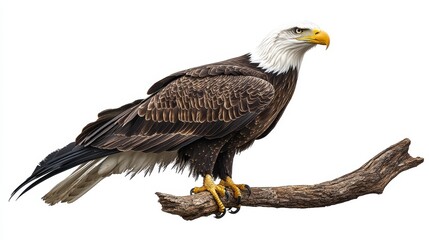 Fototapeta premium A majestic bald eagle perches on a branch, showcasing its impressive wingspan and distinct coloration, embodying strength and freedom.