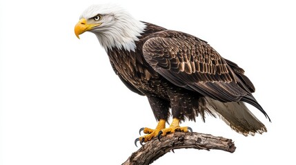 Obraz premium A majestic bald eagle perches on a branch, showcasing its striking features and powerful presence against a white background.