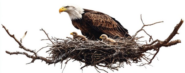 An adult eagle standing in a nest with two chicks, surrounded by twigs and branches, showcasing a nurturing wildlife scene.