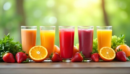 Fototapeta premium Assortment of fresh fruit juices and smoothies with various fruits and vegetables, including oranges, strawberries, and leafy greens, on a wooden table against a blurred natural background