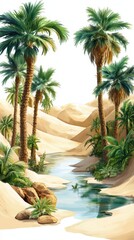 Fototapeta premium A serene desert scene featuring palm trees, flowing water, and sand dunes, creating a tranquil oasis in the arid landscape.