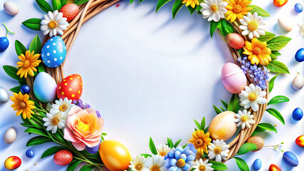 Colorful Easter Wreath with Eggs and Spring Flowers, Bright Festive Design with Copy Space