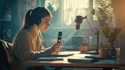 A lively scene of people actively engaged in podcast recording, sitting around a table with microphones and headphones, capturing an expressive and energetic moment in a warm studio environment.