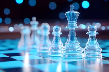 Glass chess pieces, glowing with blue light particles, on a chessboard against a dark background