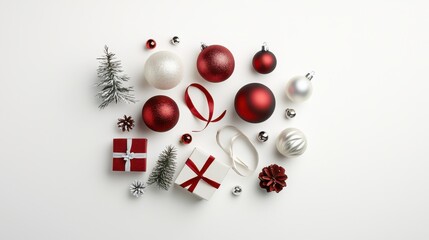 A flat lay of Christmas decorations including baubles, ribbon, and tiny gift boxes on a pristine white background, festive and stylish