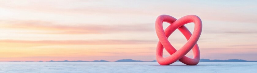 Fototapeta premium Quantum computing of cryptography concept. A striking pink sculpture forms a heart shape against a soft pastel sky, creating a serene and romantic atmosphere by the water.