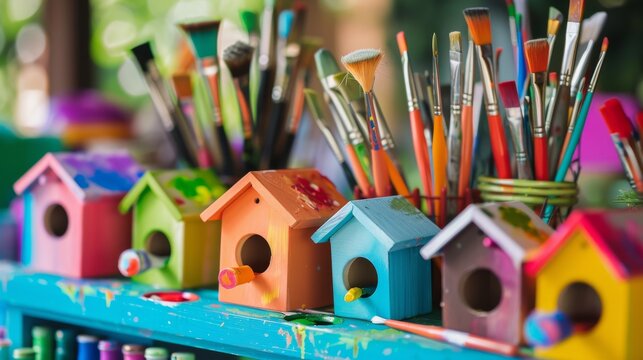 A vibrant birdhouse painting station with paints and brushes, Birdhouses and painting supplies organized creatively, Whimsical craft style