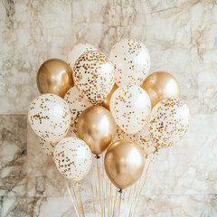 Obraz premium Luxurious Golden Balloons Party Decoration with Sparkling Confetti and Bokeh Lights 