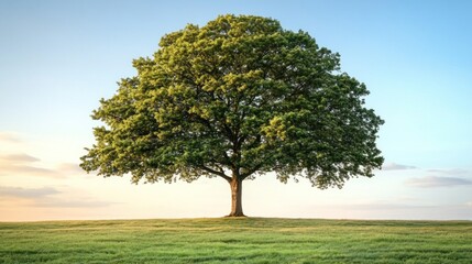 Fototapeta premium A large, green tree stands alone on a grassy hill against a clear sky.
