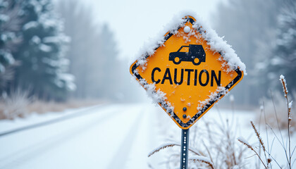 Snow-covered caution road sign warning of vehicles in a winter landscape