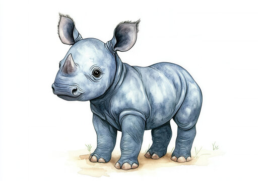 recommend clip art: Watercolor, cute baby rhinoceros standing on the ground, full-body, white background clipart