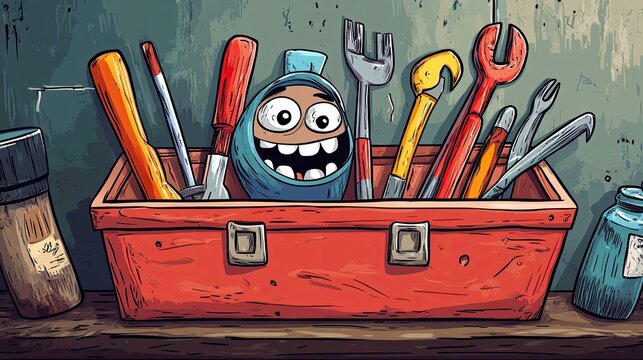 A Smiling Cartoon Face Peeking Out From a Toolbox Filled With Tools