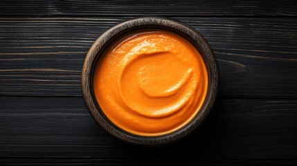 Top view of a wooden bowl filled with smooth orange soup or puree on a dark wooden table.