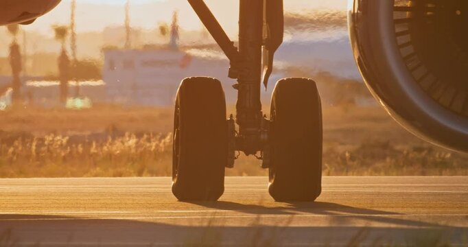 A close-up of the wheels of the plane traveling on the runway of the airport. Flights and departures of passenger planes of airliners. High quality 4k footage