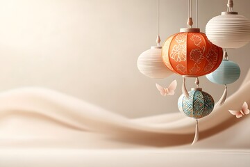 Fototapeta premium Colorful and Delicate Thai Lanterns Hanging Gracefully Against a Soft Background, Capturing the Essence of Traditional Paper Craft and Celebration