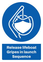 ISO mandatory safety signs sentence case text_release lifeboat gripes in launch sequence_portrait size a4/a3/a2/a1
