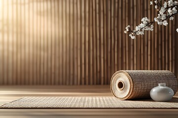 Traditional Thai Mat Rolled Up on Wooden Floor with Elegant Blossom Branch in Soft Natural Light, Creating a Serene Atmosphere for Relaxation and Meditation