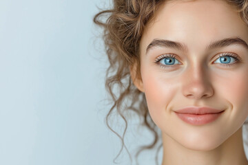 Naklejka premium 25 year old beautiful female model of European appearance with blue eyes, on the right. close-up. Kind facial expression on a light background. Advertising banner