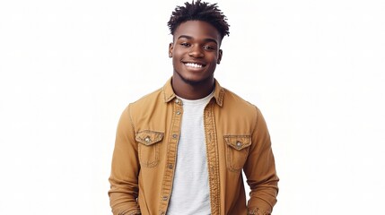 Obraz premium Confident Young Man Smiling in Casual Attire with Natural Expression Standing Against a White Background, Perfect for Lifestyle or Fashion Themes in Stock Photography