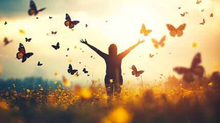 A woman is making a free and praying butterfly on nature sunset.  despair hope, hopelessness, faith concept.