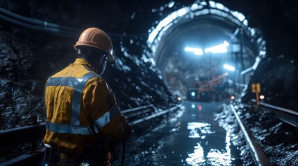 A miner in full gear stands at the entrance of a dark, narrow tunnel, illuminated by blue LED lights, symbolizing the challenging and dangerous nature of mining work.