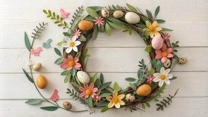 Whimsical Easter wreath with delicate daisy and butterfly decorations, accented with pastel eggs and green leaves on a white wooden background