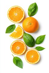 Fresh and Juicy Oranges with Green Basil Leaves on a White Background, Perfect for Health, Cooking, or Food Photography Projects