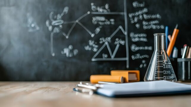 A close-up of a laboratory workspace featuring a flask, stationery, and a chalkboard with mathematical formulas and diagrams.