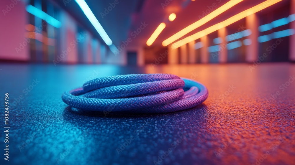 Poster a coiled rope rests on the floor, surrounded by lighting that casts blue and orange hues across a sl