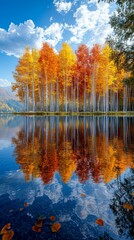 Obraz premium Colorful trees by the lake under blue sky and white clouds