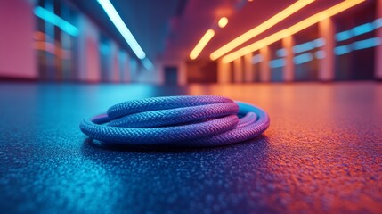 A coiled rope rests on the floor, surrounded by lighting that casts blue and orange hues across a sleek urban interior. The atmosphere conveys a modern and dynamic environment.