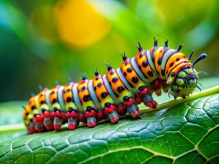 Naklejka premium Vibrant Caterpillar Crawling on a Leaf, Showcasing the Intricacies of Nature's Creatures and Their Colorful Patterns in a Lush Green Environment