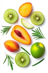 Fototapeta premium Fresh and Vibrant Assortment of Fruits and Herbs Displayed on a Bright Background with Peach, Kiwi, Apple, and Rosemary Arranged Artistically for Culinary Inspiration