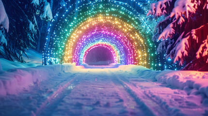 Obraz premium Light tunnel, Christmas decoration, the tunnel of rainbow LED lights, Rainbow color lighting on walkway stairs, Christmas celebration