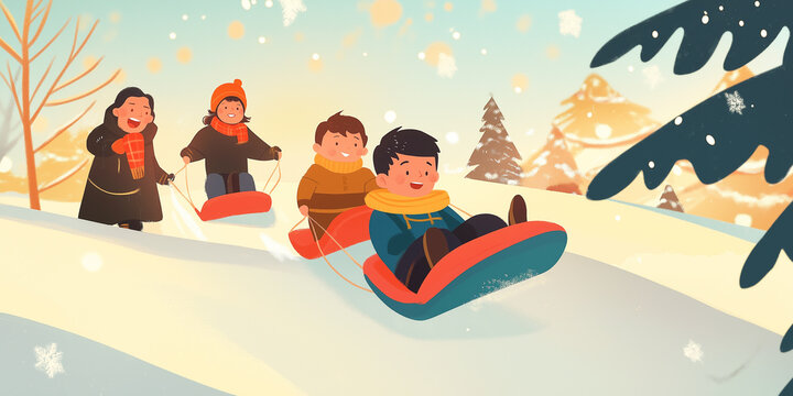 Kids Sledding on a Snowy Hill: A festive, nostalgic animated scene with family