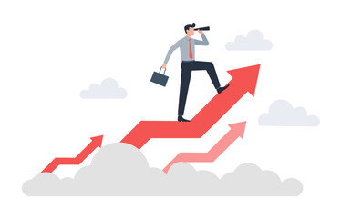 Businessman climbing growth chart with binoculars, symbolizing success and ambition. upward arrows represent progress and opportunity in competitive market