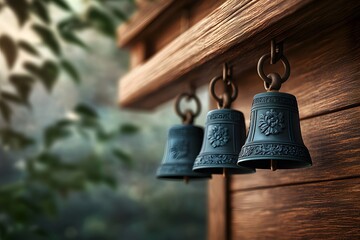 Obraz premium Wooden Beam with Hanging Thai Bells Surrounded by Lush Greenery, Showcasing Intricate Designs and Serenity of Temple Architecture