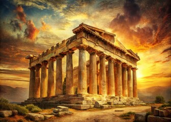 Obraz premium Captivating Greek Classical Art Depicting Ancient Mythology with Timeless Architecture and Stunning Sunset Background for Aesthetic Inspiration