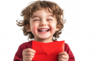 Young Child Joyfully Presenting a Red Envelope, Chinese New Year Festival, Isolated on White, PNG File, Transparent Background