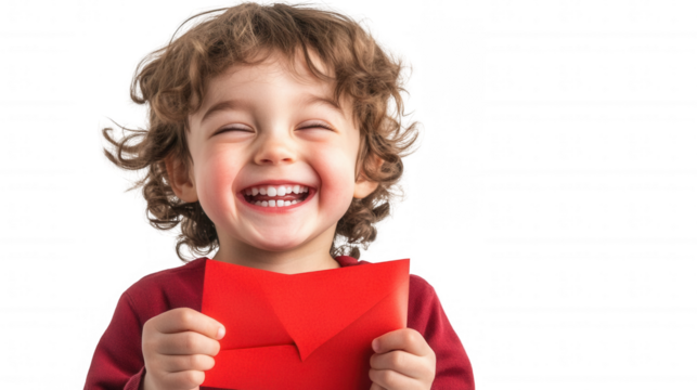 Young Child Joyfully Presenting a Red Envelope, Chinese New Year Festival, Isolated on White, PNG File, Transparent Background
