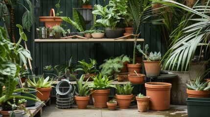 Fototapeta premium A vibrant gardening corner with pots and planting tools, Gardening supplies and a variety of plants arranged neatly, Contemporary outdoor style