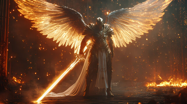render of a celestial warrior with angelic wings and a radiant sword. Radiant. Illustration