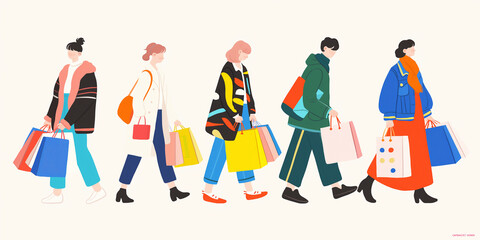 Boxing Day Sale Frenzy: A lively modern art illustration of shoppers