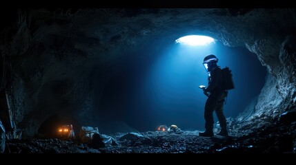 A miner with a reflective helmet stands at the tunnels edge, gazing into the dark abyss, where blue lights cut through the darkness, casting dramatic shadows.