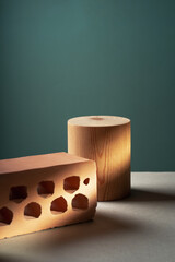 Podium for exhibitions and product presentations material stone. Beautiful green background made of natural materials. Abstract nature scene with composition.