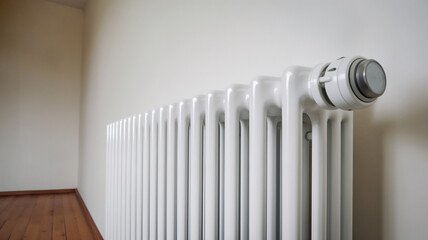 Minimalist interior house radiator in a bedroom with natural light.