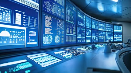 A Control Room with Multiple Monitors Displaying Data and Graphs