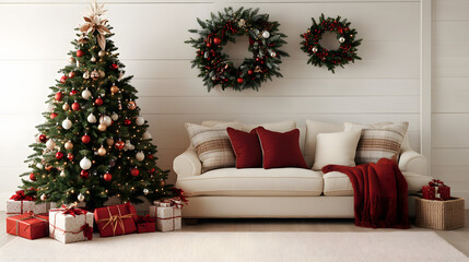 A cozy Christmas party scene with beautifully wrapped gifts, festive lights and traditional decorations.