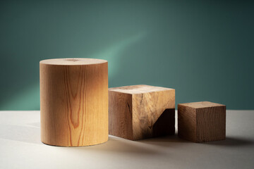 Podium for exhibitions and product presentations material stone. Beautiful green background made of natural materials. Abstract nature scene with composition.