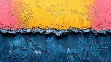 A vibrant abstract texture featuring bold hues of pink, yellow, and blue with a rugged separation.